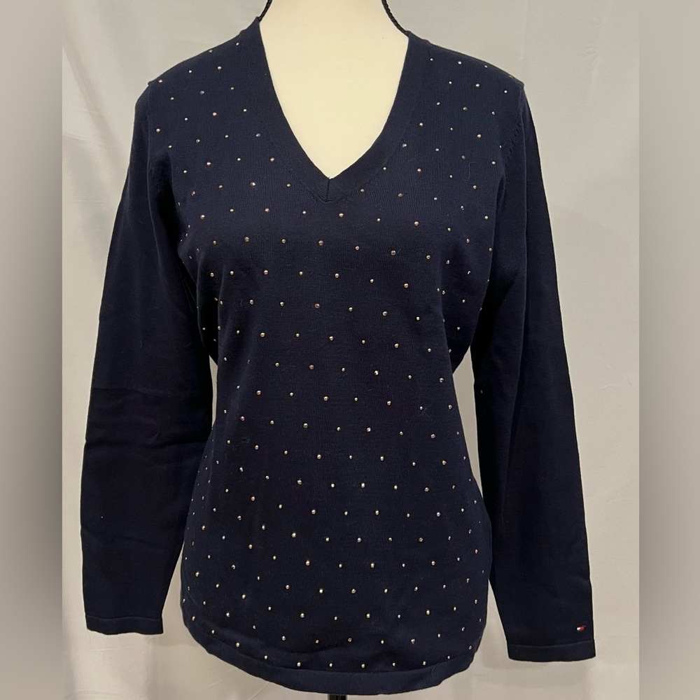 NWOT Women’s Tommy Hilfiger Navy Sweater With Gold Rivet Front Medium‎